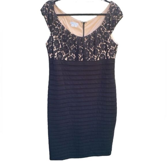 London Times Wm’s Sz 16 Black Lace Lined Tiered Bodycon Midi Pencil Dress - Picture 1 of 3